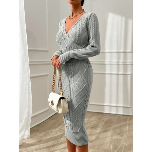 Kadın Uzun Kollu Kruvaze Yaka Triko Midi Boy Elbise