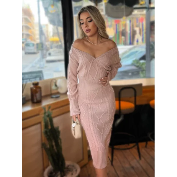 Kadın Uzun Kollu Kruvaze Yaka Triko Midi Boy Elbise