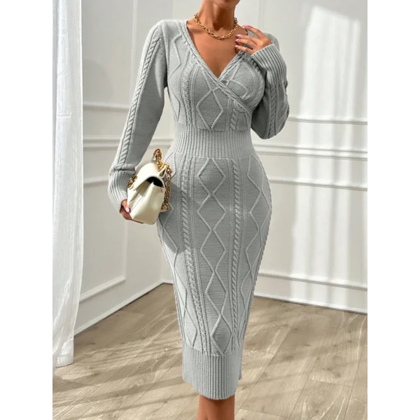 Kadın Uzun Kollu Kruvaze Yaka Triko Midi Boy Elbise