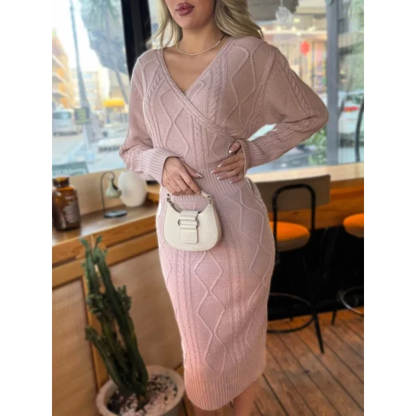 Kadın Uzun Kollu Kruvaze Yaka Triko Midi Boy Elbise