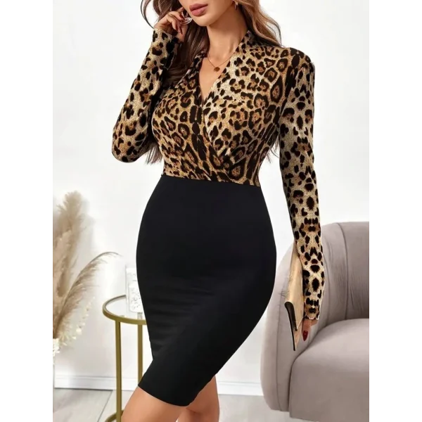 Kadın Uzun Kollu Kruvaze Yaka üst Modal Alt Ithal Krep Mini Elbise