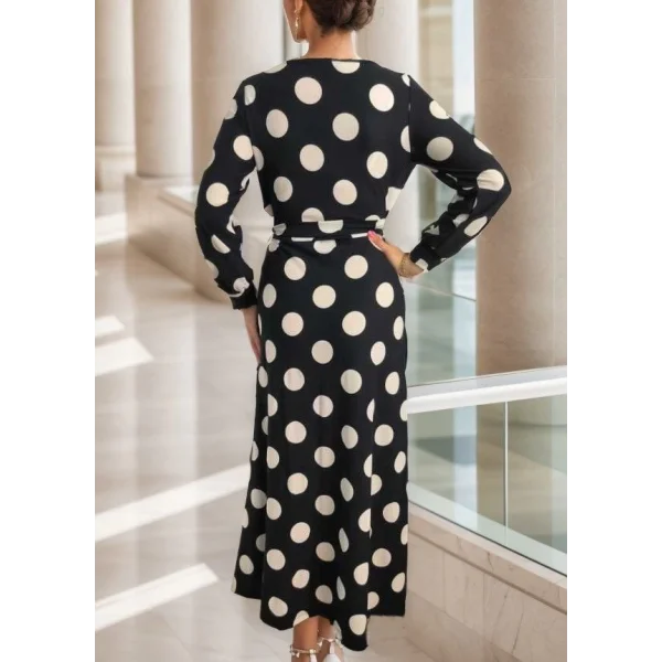 Kadın Uzun Kollu Kruvaze Yaka Yandan Bağlamalı Krep Tam Boy Elbise