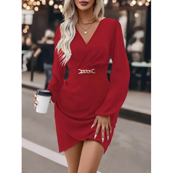 Kadın Uzun Kollu Kruvaze Yaka Yandan Büzgülü Asimetrik Detaylı Ithal Krep Mini Elbise