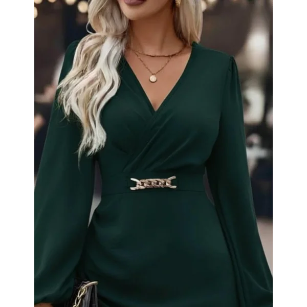 Kadın Uzun Kollu Kruvaze Yaka Yandan Büzgülü Asimetrik Detaylı Ithal Krep Mini Elbise