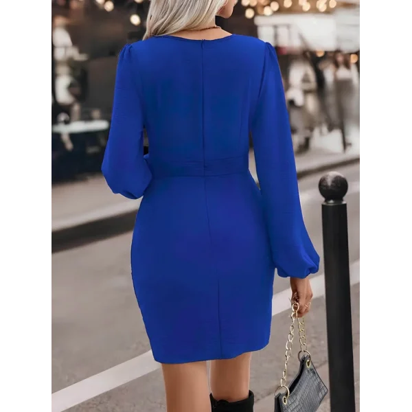 Kadın Uzun Kollu Kruvaze Yaka Yandan Büzgülü Asimetrik Detaylı Ithal Krep Mini Elbise