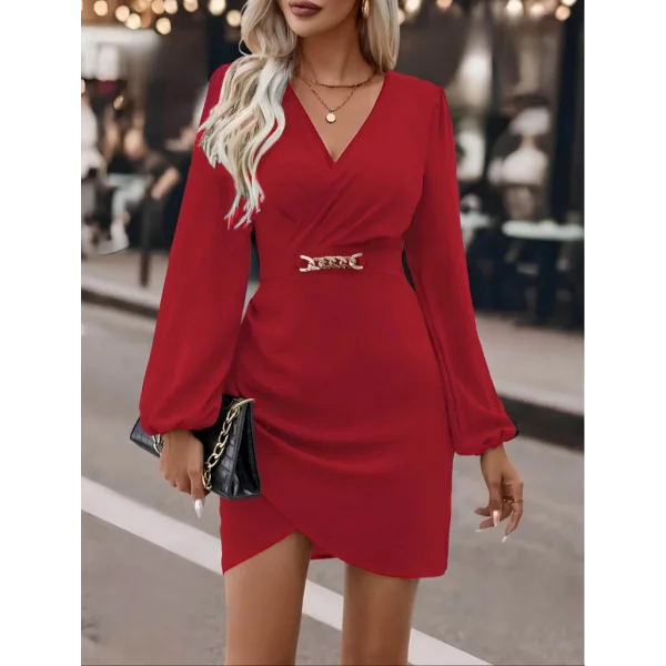 Kadın Uzun Kollu Kruvaze Yaka Yandan Büzgülü Asimetrik Detaylı Ithal Krep Mini Elbise