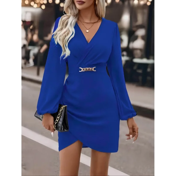 Kadın Uzun Kollu Kruvaze Yaka Yandan Büzgülü Asimetrik Detaylı Ithal Krep Mini Elbise