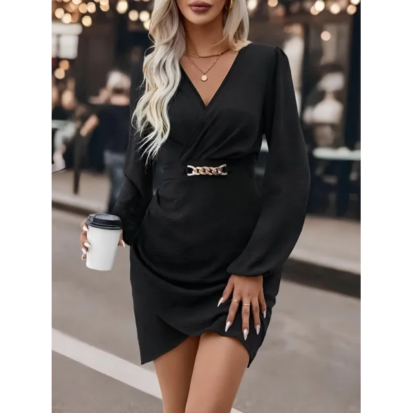 Kadın Uzun Kollu Kruvaze Yaka Yandan Büzgülü Asimetrik Detaylı Ithal Krep Mini Elbise