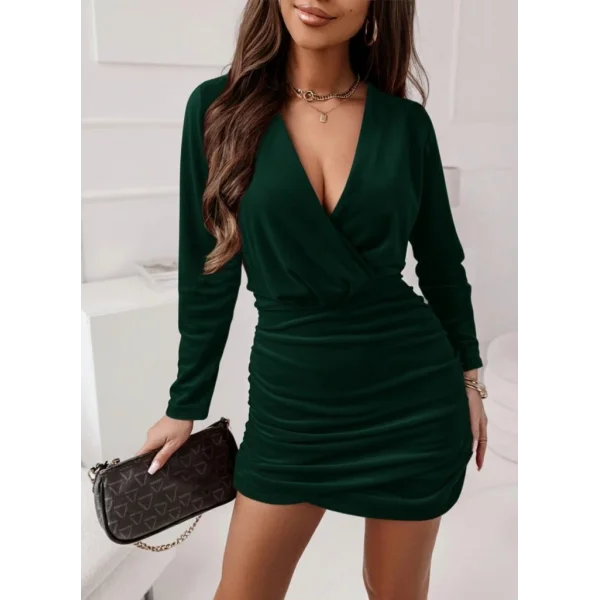 Kadın Uzun Kollu Kruvaze Yaka Yandan Büzgülü Mini Ithal Krep Elbise