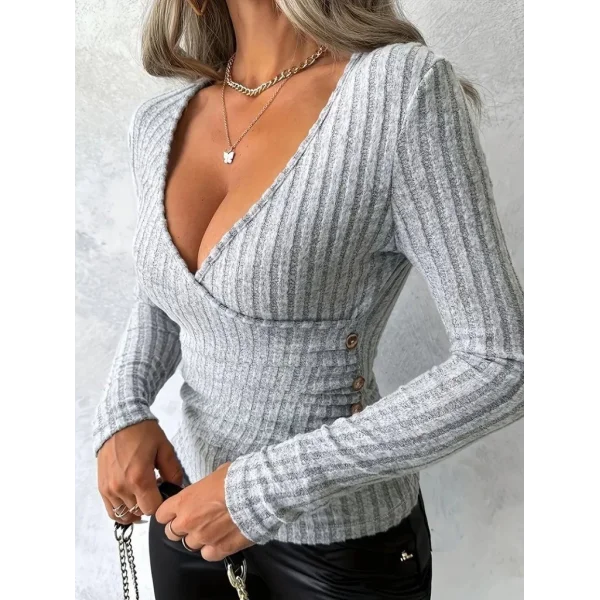 Kadın Uzun Kollu Kruvaze Yaka Yandan Düğme Detaylı şardonlu Kaşkorse Bluz
