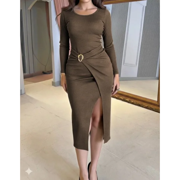 Kadın Uzun Kollu Kruvaze Yaka Yandan Toka Detaylı önden çapraz Detaylı Ottoman Elbise