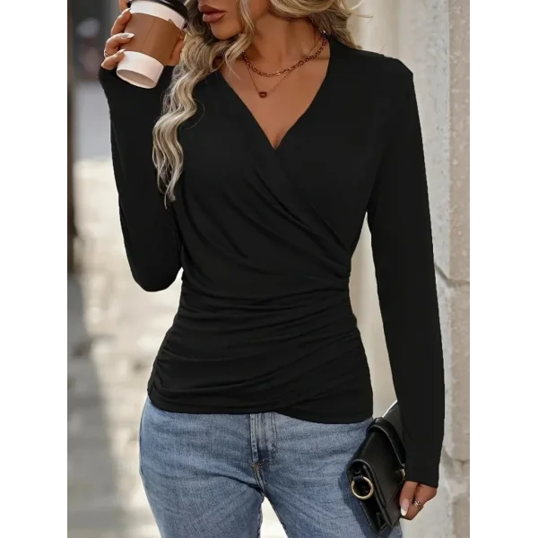 Kadın Uzun Kollu Kruvaze Yaka Yanlardan Büzgülü Viskon Bluz