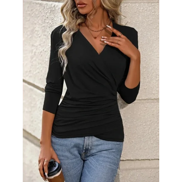 Kadın Uzun Kollu Kruvaze Yaka Yanlardan Büzgülü Viskon Bluz