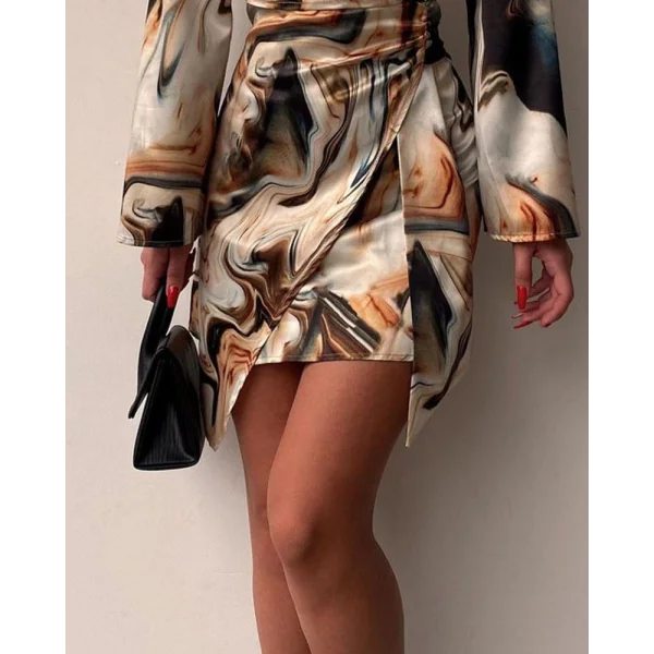 Kadın Uzun Kollu Kruvaze Yakalı Asimetrik Detaylı Mini Modal Elbise