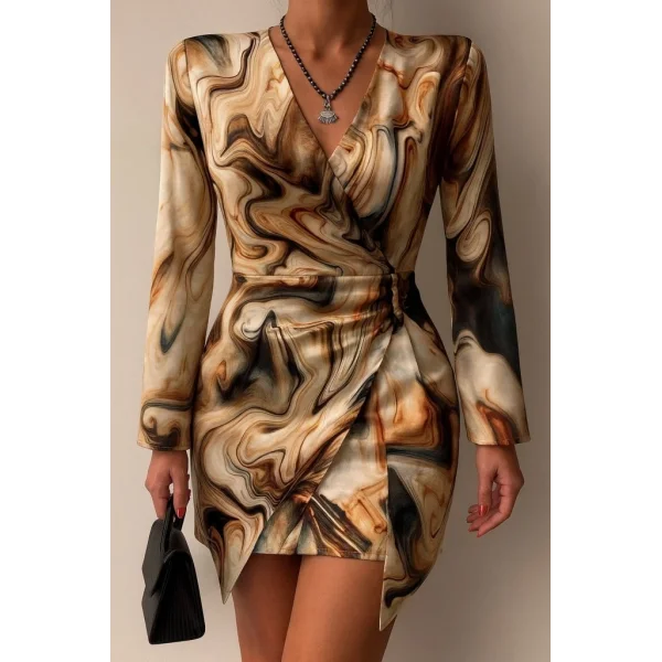 Kadın Uzun Kollu Kruvaze Yakalı Asimetrik Detaylı Mini Modal Elbise