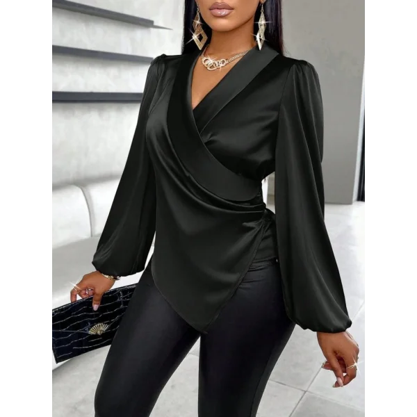 Kadın Uzun Kollu Kruvaze Yakalı Asimetrik Saten Bluz