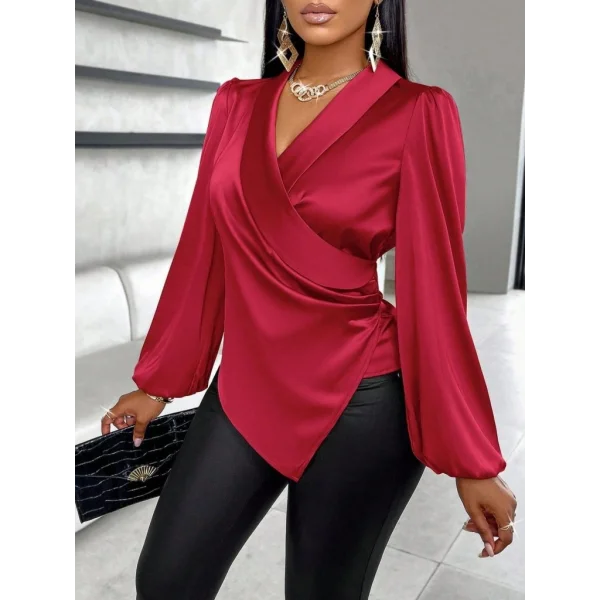 Kadın Uzun Kollu Kruvaze Yakalı Asimetrik Saten Bluz