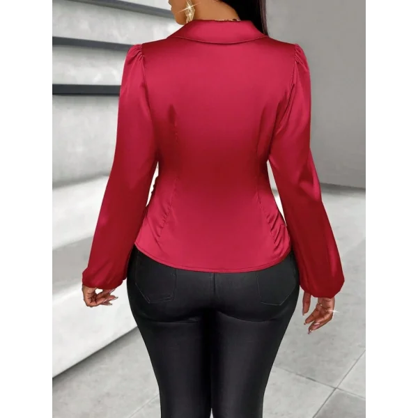 Kadın Uzun Kollu Kruvaze Yakalı Asimetrik Saten Bluz