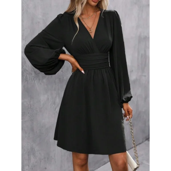 Kadın Uzun Kollu Kruvaze Yakalı Bel Korsajlı Mini Elbise