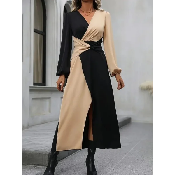 Kadın Uzun Kollu Kruvaze Yakalı Belden çapraz Detaylı çift Renkli Midi Ithal Krep Elbise