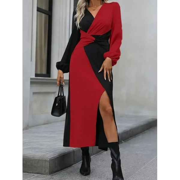 Kadın Uzun Kollu Kruvaze Yakalı Belden çapraz Detaylı çift Renkli Midi Ithal Krep Elbise