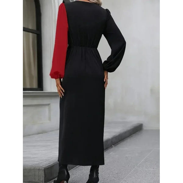 Kadın Uzun Kollu Kruvaze Yakalı Belden çapraz Detaylı çift Renkli Midi Ithal Krep Elbise