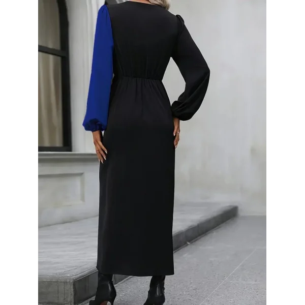 Kadın Uzun Kollu Kruvaze Yakalı Belden çapraz Detaylı çift Renkli Midi Ithal Krep Elbise