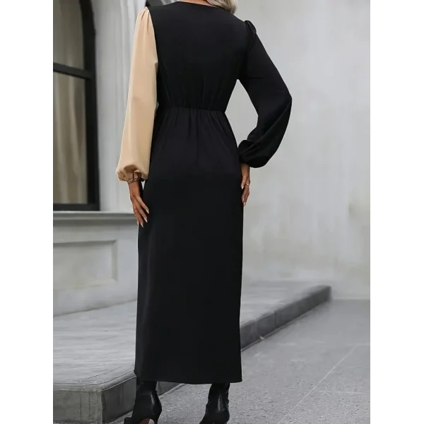 Kadın Uzun Kollu Kruvaze Yakalı Belden çapraz Detaylı çift Renkli Midi Ithal Krep Elbise