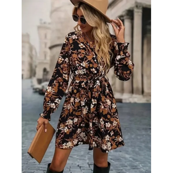 Kadın Uzun Kollu Kruvaze Yakalı Belden Kuşaklı çiçek Desenli Mikro Süprem Mini Elbise