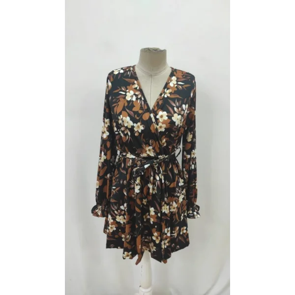 Kadın Uzun Kollu Kruvaze Yakalı Belden Kuşaklı çiçek Desenli Mikro Süprem Mini Elbise