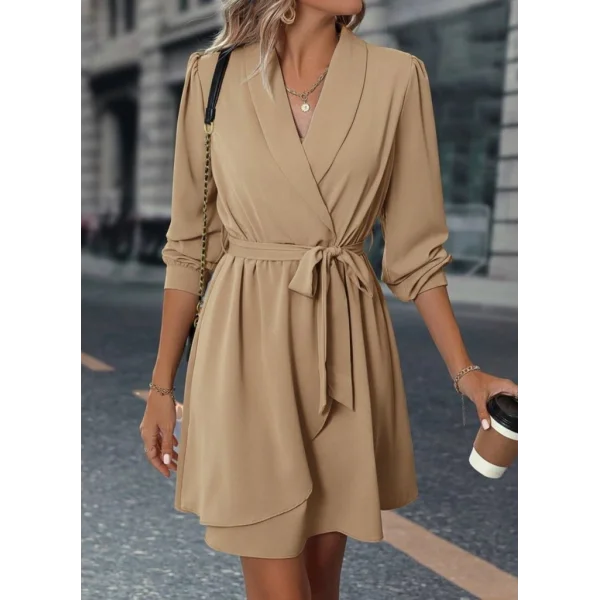 Kadın Uzun Kollu Kruvaze Yakalı Belden Kuşaklı Mini çift Katlı Ithal Krep Elbise