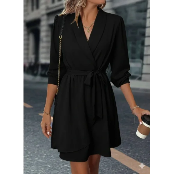 Kadın Uzun Kollu Kruvaze Yakalı Belden Kuşaklı Mini çift Katlı Ithal Krep Elbise