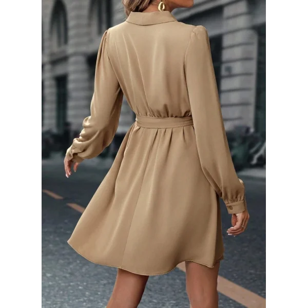 Kadın Uzun Kollu Kruvaze Yakalı Belden Kuşaklı Mini çift Katlı Ithal Krep Elbise