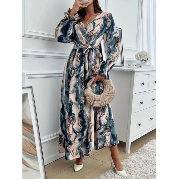 Kadın Uzun Kollu Kruvaze Yakalı Beli Kuşaklı Desenli Süprem Maxi Elbise