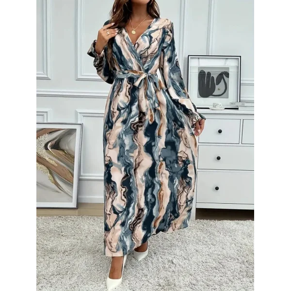 Kadın Uzun Kollu Kruvaze Yakalı Beli Kuşaklı Desenli Süprem Maxi Elbise