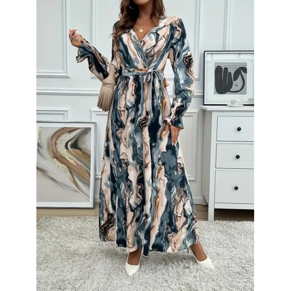 Kadın Uzun Kollu Kruvaze Yakalı Beli Kuşaklı Desenli Süprem Maxi Elbise