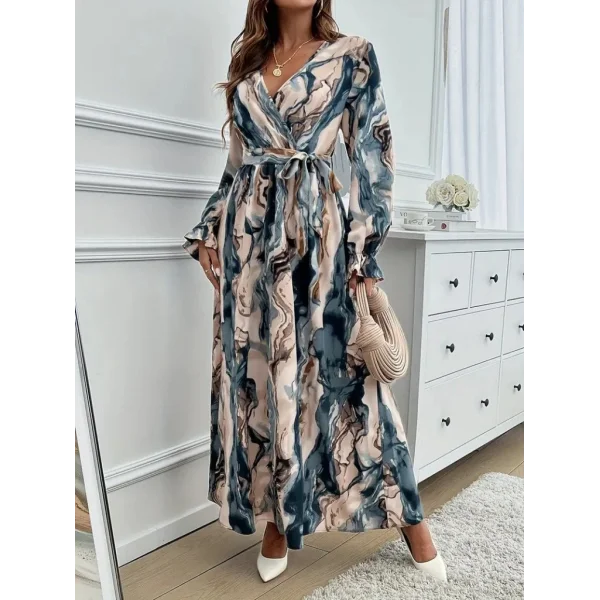Kadın Uzun Kollu Kruvaze Yakalı Beli Kuşaklı Desenli Süprem Maxi Elbise