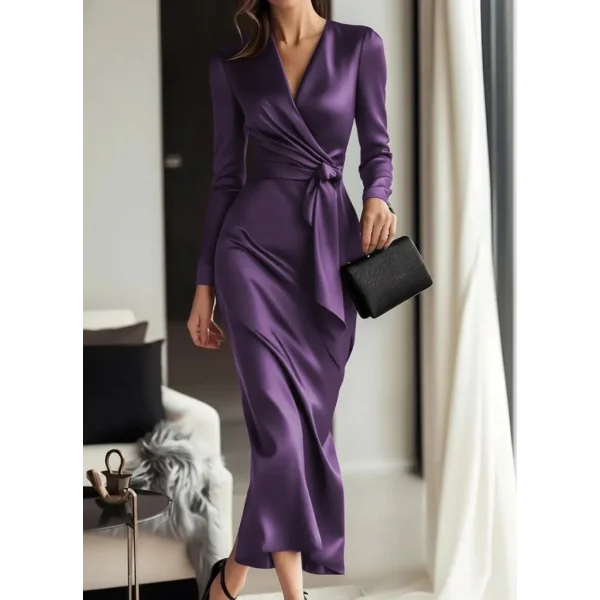 Kadın Uzun Kollu Kruvaze Yakalı Beli Kuşaklı Uzun Saten Elbise