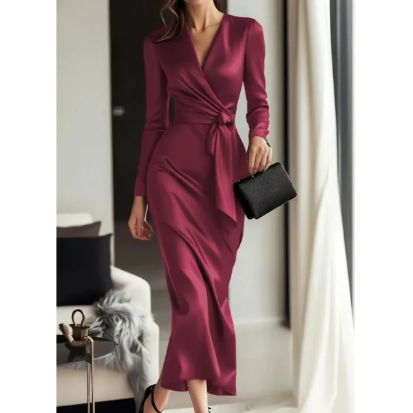 Kadın Uzun Kollu Kruvaze Yakalı Beli Kuşaklı Uzun Saten Elbise