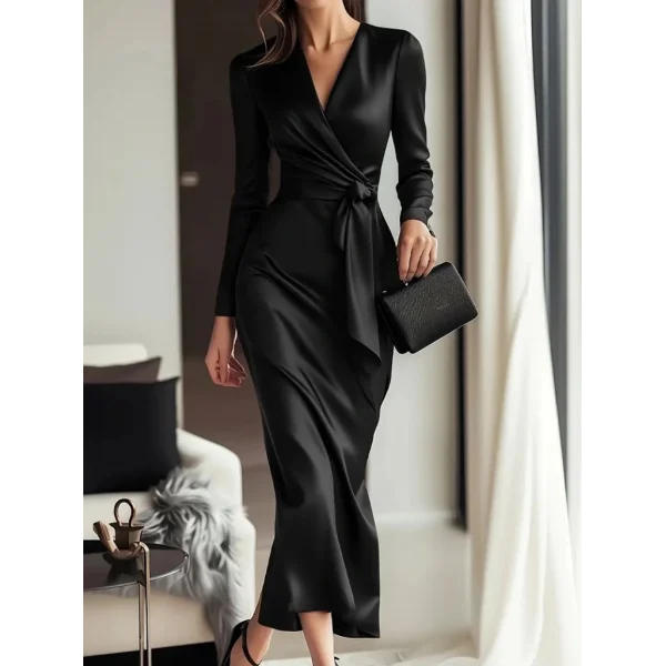 Kadın Uzun Kollu Kruvaze Yakalı Beli Kuşaklı Uzun Saten Elbise