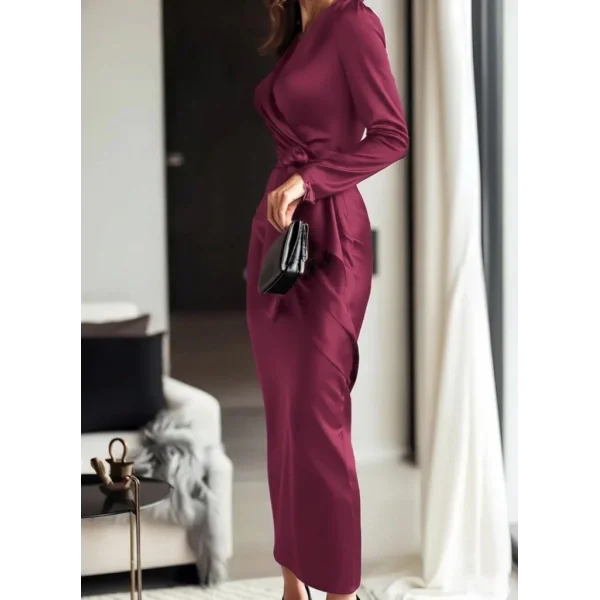 Kadın Uzun Kollu Kruvaze Yakalı Beli Kuşaklı Uzun Saten Elbise