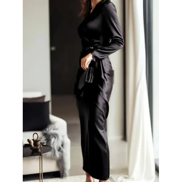 Kadın Uzun Kollu Kruvaze Yakalı Beli Kuşaklı Uzun Saten Elbise