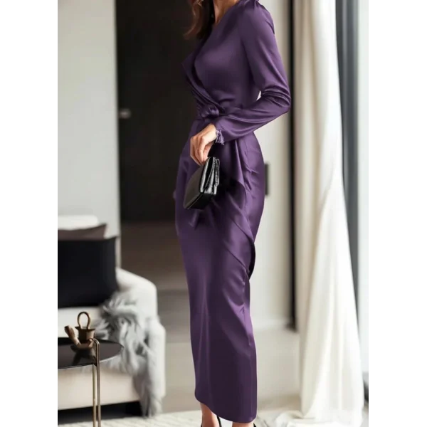 Kadın Uzun Kollu Kruvaze Yakalı Beli Kuşaklı Uzun Saten Elbise