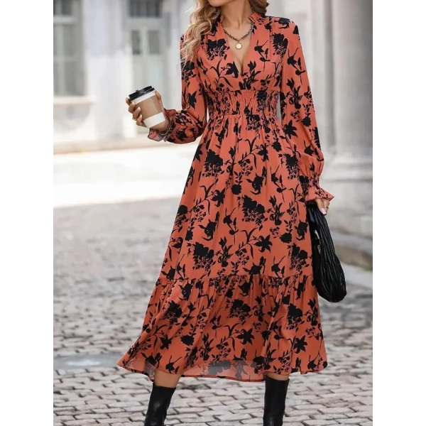 Kadın Uzun Kollu Kruvaze Yakalı çiçek Desenli Maksi Süprem Elbise