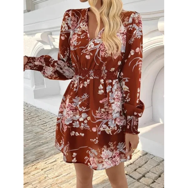 Kadın Uzun Kollu Kruvaze Yakalı çiçek Desenli Mini Süprem Elbise