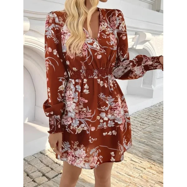 Kadın Uzun Kollu Kruvaze Yakalı çiçek Desenli Mini Süprem Elbise