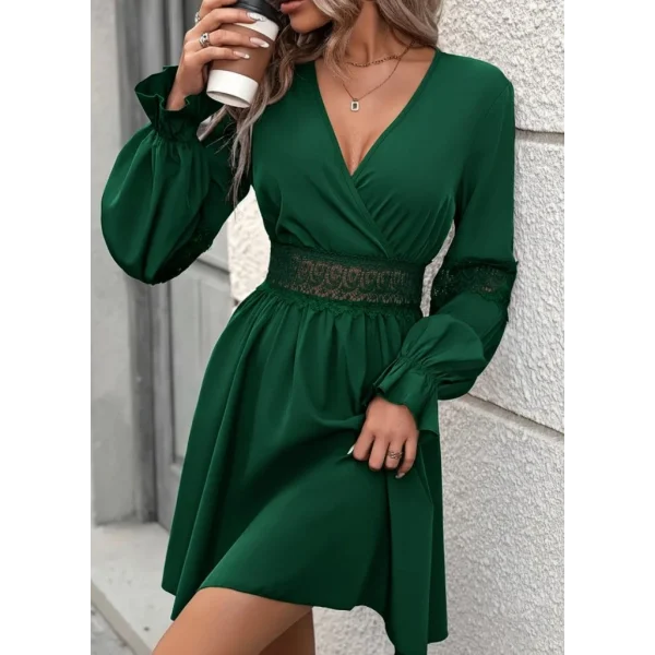 Kadın Uzun Kollu Kruvaze Yakalı Dantelli Fermuar Detaylı Mini Ithal Krep Elbise