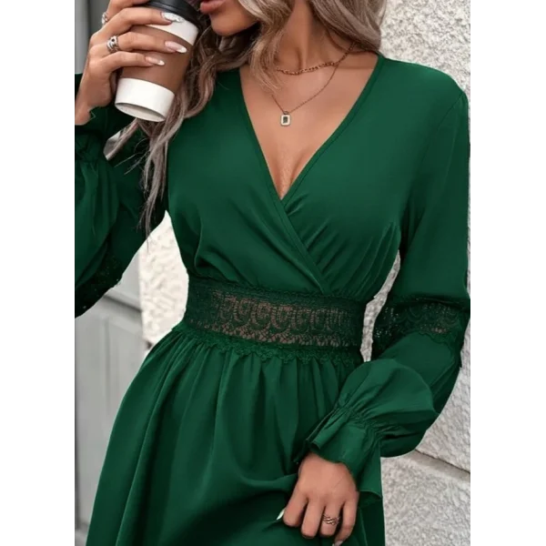 Kadın Uzun Kollu Kruvaze Yakalı Dantelli Fermuar Detaylı Mini Ithal Krep Elbise