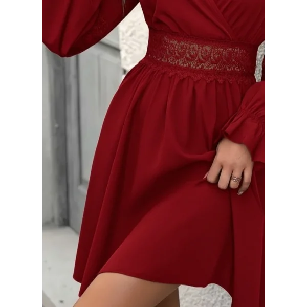 Kadın Uzun Kollu Kruvaze Yakalı Dantelli Fermuar Detaylı Mini Ithal Krep Elbise