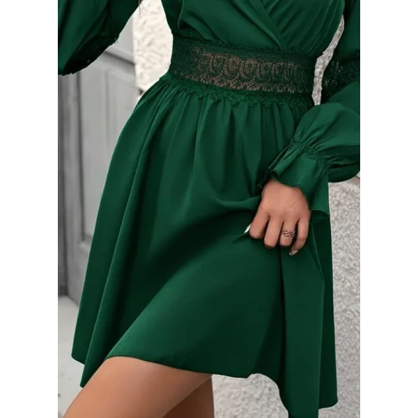 Kadın Uzun Kollu Kruvaze Yakalı Dantelli Fermuar Detaylı Mini Ithal Krep Elbise